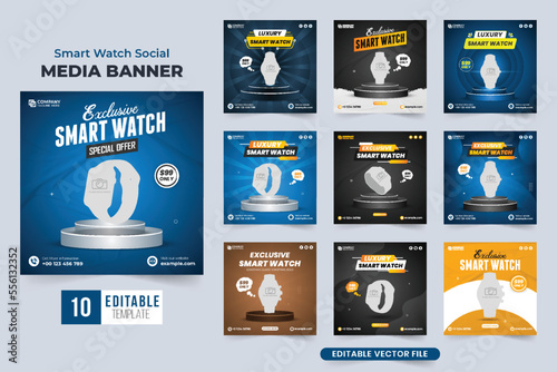 Exclusive watch sale template collection for social media marketing. Smart Watch promotion social media post set vector. Clock business advertising web banner template bundle with blue and dark colors