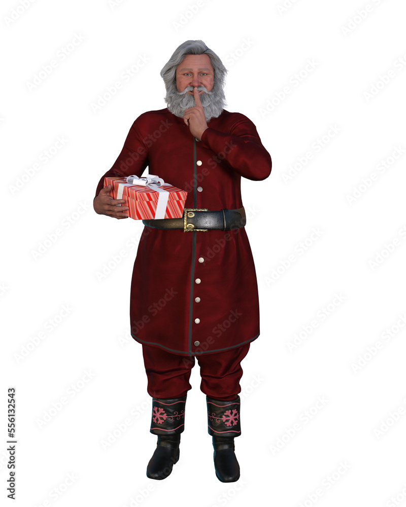 Santa Claus standing in secret with present in hand. Isolated 3D illustration. Santa Claus standing in secret with present in hand. Isolated 3D illustration.