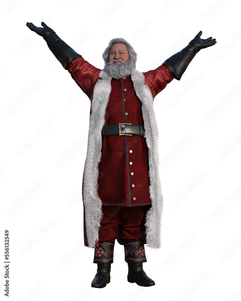 Santa Claus standing in long fur trimmed coat with arms raised. Isolated 3D rendering. Santa Claus standing in long fur trimmed coat with arms raised. Isolated 3D rendering.