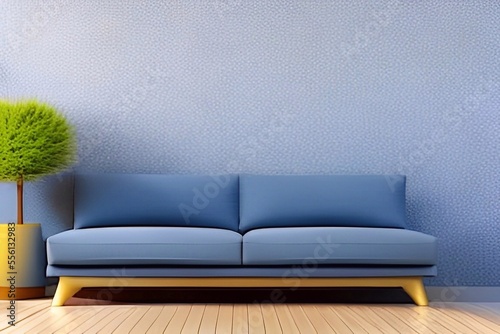 Blue modern living room with empty wall for mockup