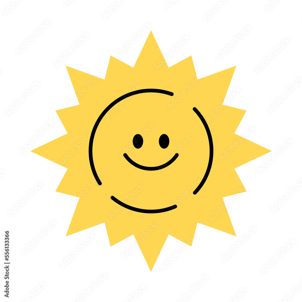 Cute smiling sun icon isolated on white. Vector flat cartoon illustration for kids. Cute character.  