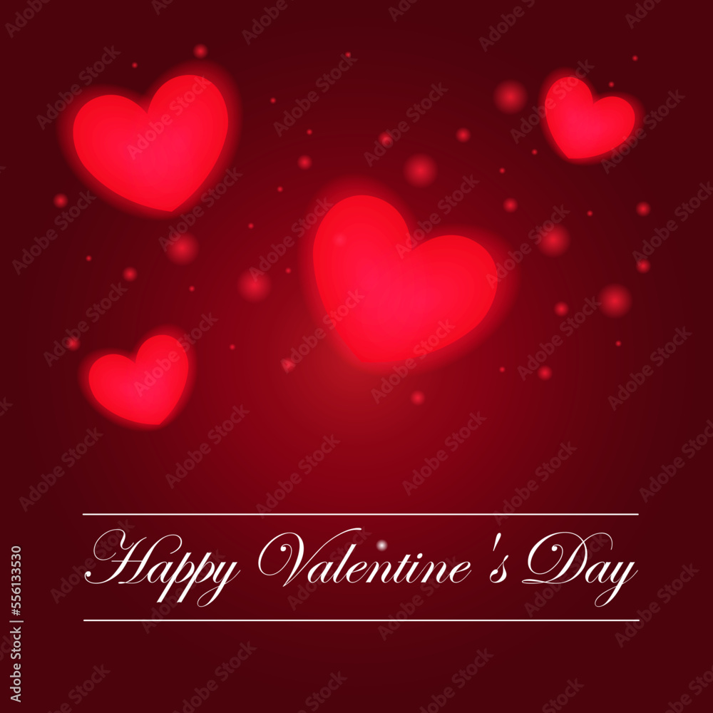 A beautiful Valentine's day card with glowing neon hearts and a red gradient. Vector illustration