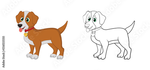 Happy cartoon dog with line art, dog sketch color less page isolated on white background.