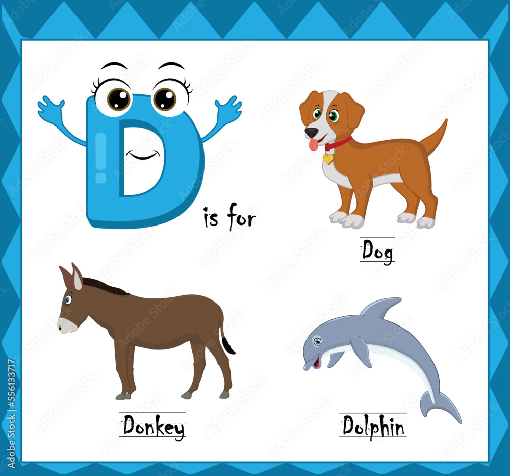 Letter d vector, alphabet d for dog, dolphin, donkey animals, english ...