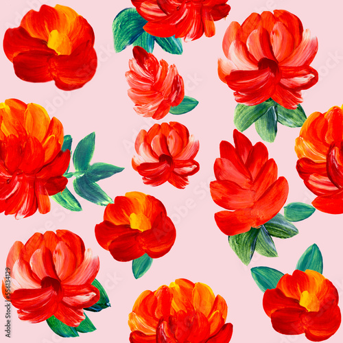 Seamless pattern of abstract red flowers  art painting  creative hand painted background  brush texture  acrylic painting on canvas.