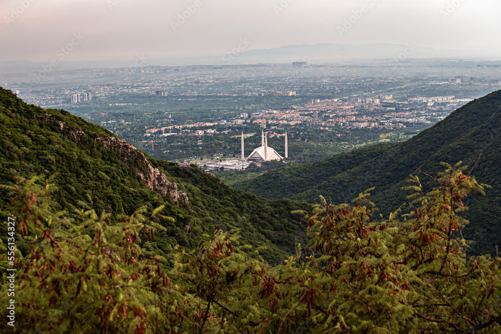 Aerial view of Faisal Masjid Mosque in Islamabad, Pakistan. 
