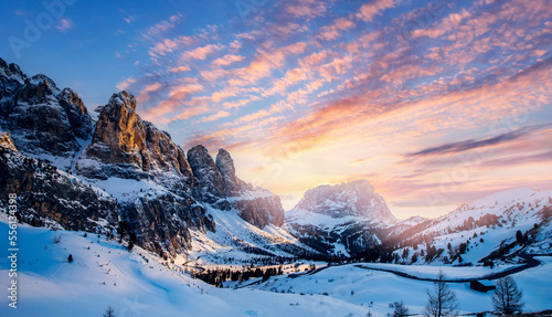 Autumn Dolomites panorama photo, sunset Trentino Alto Adige mountain pass, Italy photo