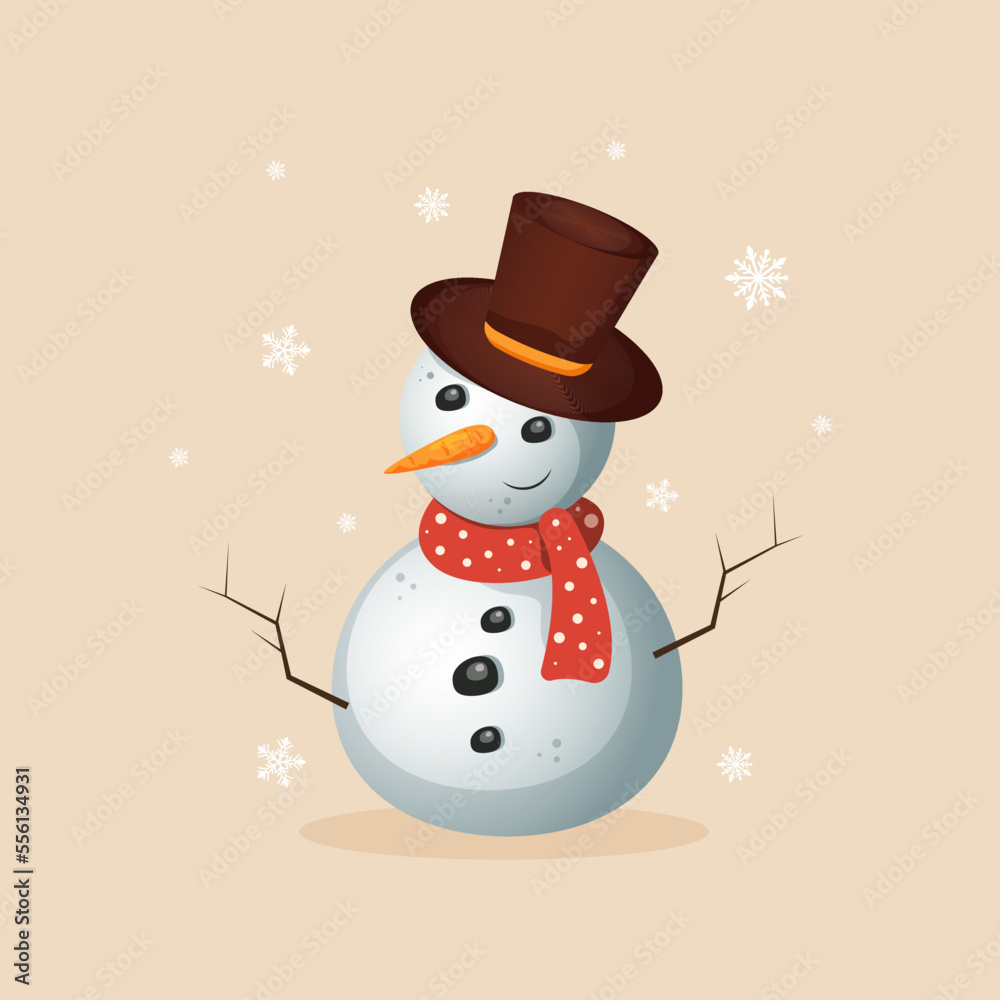 snowman in a hat and scarf with snowflakes