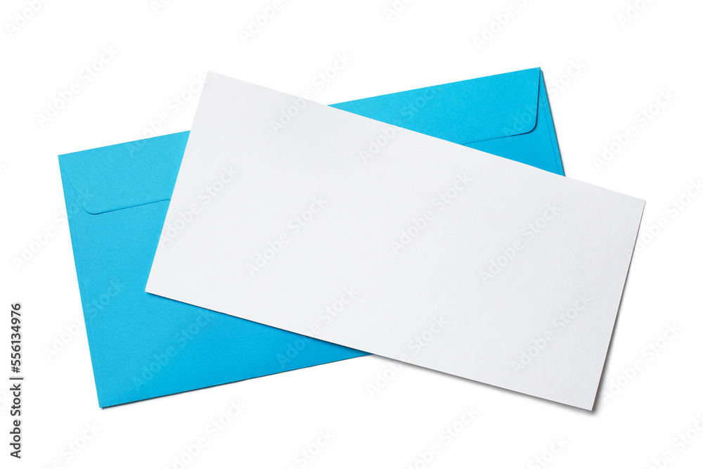 Blank white paper on blue envelope, isolated on white background Blank white paper on blue envelope, isolated on white background