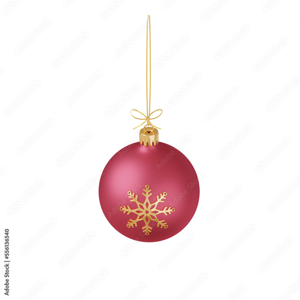 3D render Christmas ball with snowflake on a golden ribbon. Top view. Festive decoration for Christmas and New Year cards, invitations, leaflets. Isolated on white background 3D render Christmas ball with snowflake on a golden ribbon. Top view. Festive decoration for Christmas and New Year cards, invitations, leaflets. Isolated on white background