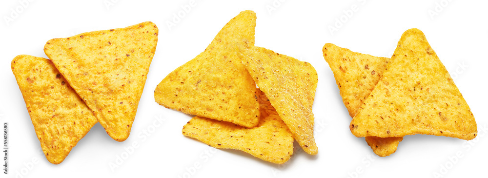 Set of delicious mexican nachos chips, isolated on white background Set of delicious mexican nachos chips, isolated on white background