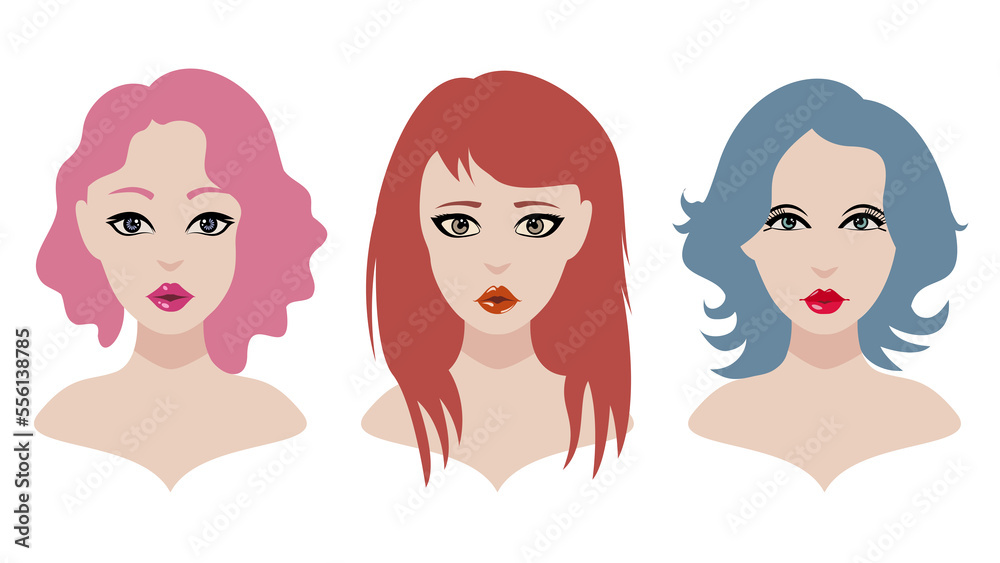 Teen girl illustration with different style and color hairs. Cute and beautiful young girls. Pretty woman illustration set.