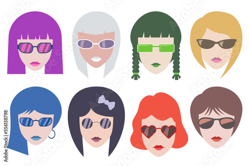 Girls in sunglasses. Hipster girls with colorful hairs and glasses. For avatar, logo, icon, web, print, media and other.