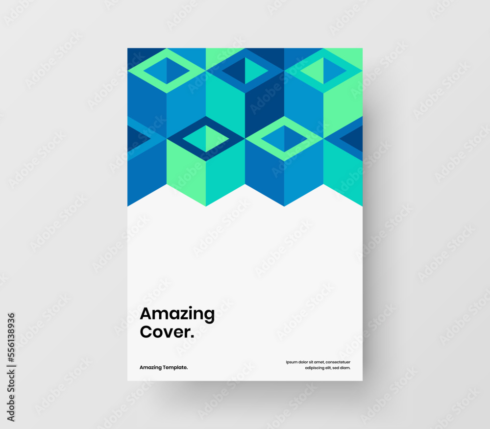 Unique handbill design vector concept. Vivid geometric hexagons corporate brochure illustration.