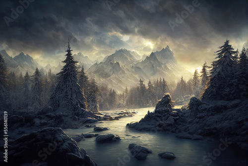 Wonderful picturesque winter landscape with a forest river, forest and high mountains in the background, AI generated image