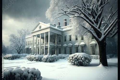 white house under the snow Christmas blizzard in Washington DC City skyline in winter. illustration Generative AI photo