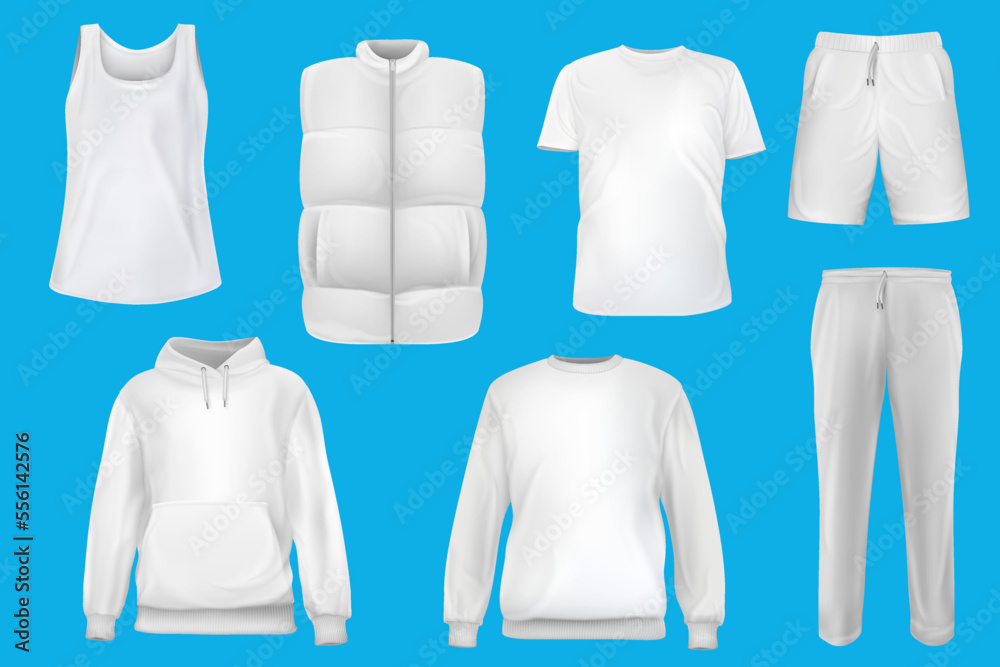 Set of vector realistic white t-shirt, sweatshirt, hoodie, vest, shorts, pants base cloth isolated on blue background. 3d mockup for branding or fashion. Collection design casual template. Set of vector realistic white t-shirt, sweatshirt, hoodie, vest, shorts, pants base cloth isolated on blue background. 3d mockup for branding or fashion. Collection design casual template.