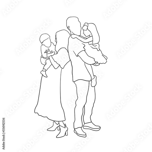Family continuous line art. Young mom and dad hugging little babys continuous line. Illustration of parents with childs on white background