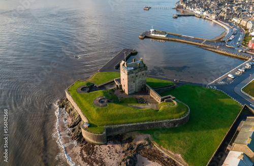 Brotie Castle on the banks of the River Tay at Brotie Ferry, Dundee, Scotland.  View from above