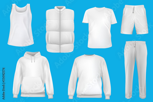 Set of vector realistic white t-shirt, sweatshirt, hoodie, vest, shorts, pants base cloth isolated on blue background. 3d mockup for branding or fashion. Collection design casual template.
