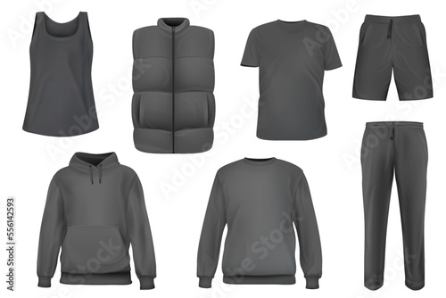 Set of vector realistic gray t-shirt, sweatshirt, hoodie, vest, shorts, pants base cloth isolated on white background. 3d mockup for branding or fashion. Collection design casual template.