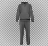 Set realistic gray casual sport suit. Base clothes isolated on transparent background. Blank mockup costume for branding man or woman fashion. Design casual template. Vector pants and hoodie.