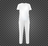 Set realistic white casual sport suit. Base clothes isolated on transparent background. Blank mockup costume for branding man or woman fashion. Design casual template. Vector pants and t-shirt.