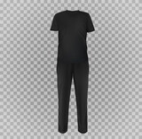 Set realistic black casual sport suit. Base clothes isolated on transparent background. Blank mockup costume for branding man or woman fashion. Design casual template. Vector pants and t-shirt.