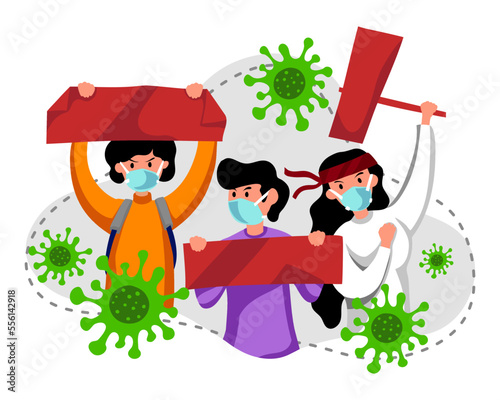 Flat design people holding banners  china protest illustration. Corona virus illustration