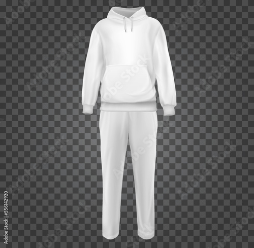 Set realistic white casual sport suit. Base clothes isolated on transparent background. Blank mockup costume for branding man or woman fashion. Design casual template. Vector pants and hoodie.