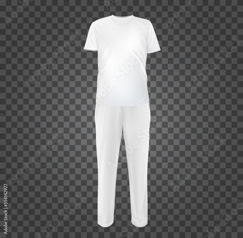 Set realistic white casual sport suit. Base clothes isolated on transparent background. Blank mockup costume for branding man or woman fashion. Design casual template. Vector pants and t-shirt.