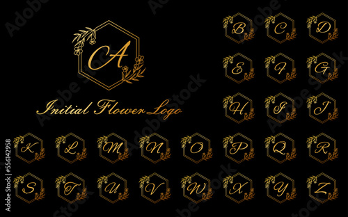 Set of Luxury Circle Alphabet Letter Floral Design. Elegant Gold Alphabet Royal Logo Icon.