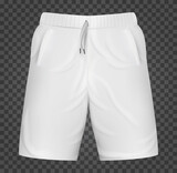 Realistic white shorts base cloth isolated on transparent background. Blank mockup for branding man or woman fashion. Design casual template. 3d vector illustration.