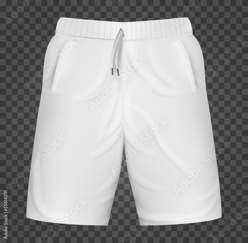Realistic white shorts base cloth isolated on transparent background. Blank mockup for branding man or woman fashion. Design casual template. 3d vector illustration.