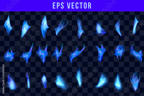 Blue fire flames realistic set of different forms and sizes on black background isolated vector illustration