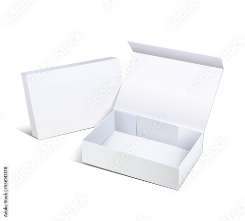White empty paper boxes open and close for your design, mockup, empty template isolated on white background with shadow, convenient display angle for showcasing items. Vector illustration