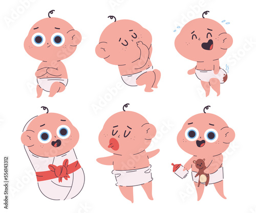 Funny newborn baby in diapers vector cartoon characters set isolated on a white background.