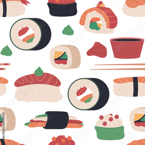 Sushi vector cartoon seamless pattern background for wallpaper, wrapping, packing, and backdrop.