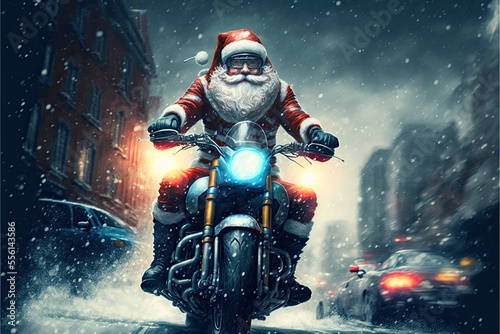 Fotobehang Santa Claus riding motorcycle illustration