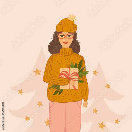 Happy woman in sweater and hat with gifts. Winter holidays. holiday fuss