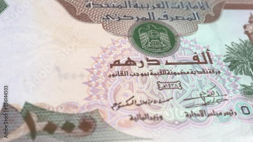 United Arab Emirates dirham 1000 Banknotes, One Thousand United Arab Emirates dirham, Close-up and macro view of the Arab Emirates dirham, Tracking and Dolly Shots 1000 UAE Dirham banknote Observe