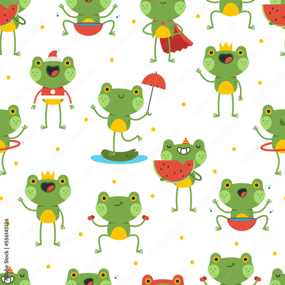 Naklejka premium Funny frogs characters vector cartoon seamless pattern background for wallpaper, wrapping, packing, and backdrop.