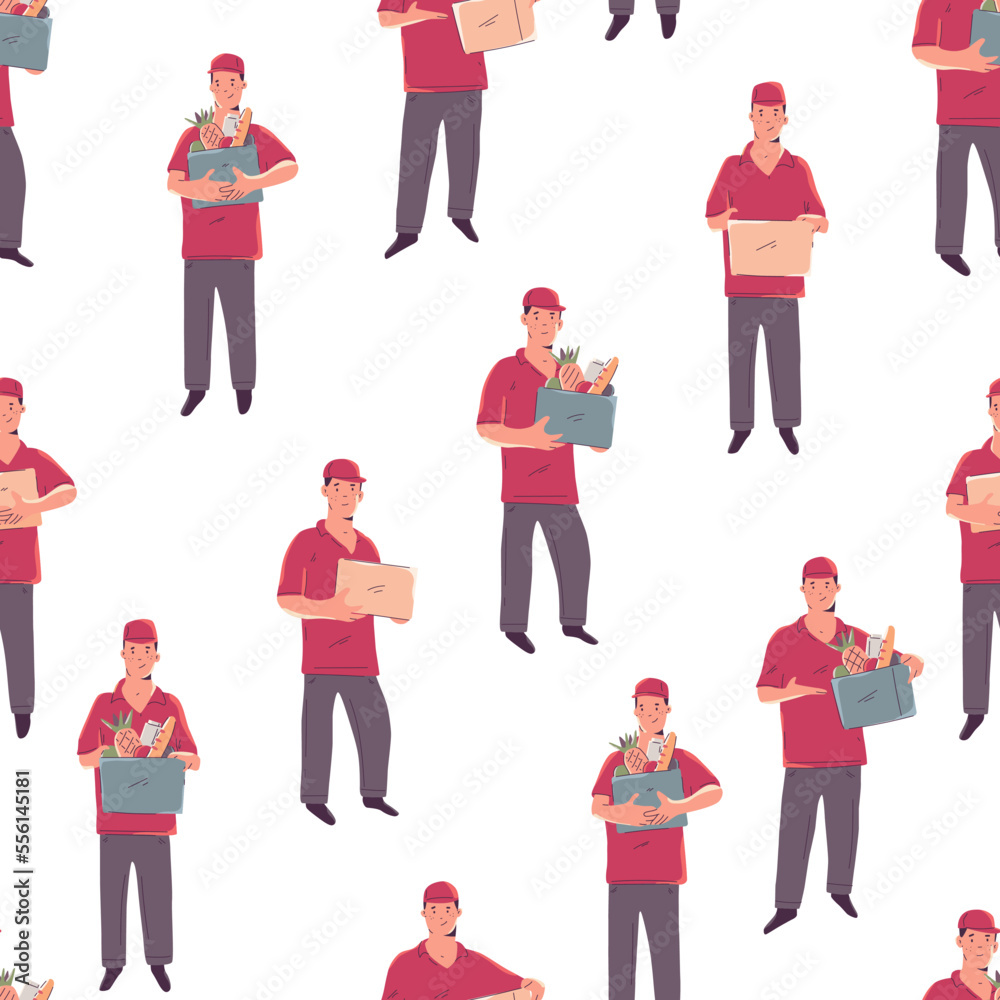 Obraz premium Deliveryman vector cartoon seamless pattern background for wallpaper, wrapping, packing, and backdrop.