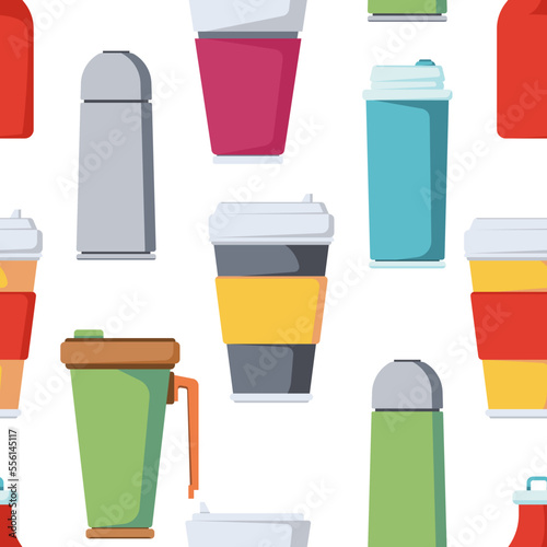 Travel tumbler and mug vector cartoon seamless pattern background for wallpaper, wrapping, packing, and backdrop.