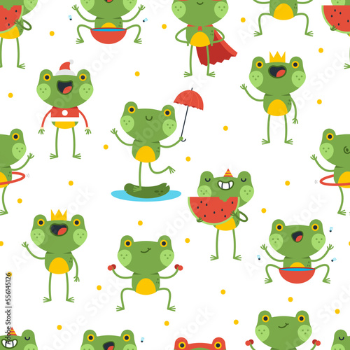 Funny frogs characters vector cartoon seamless pattern background for wallpaper, wrapping, packing, and backdrop.