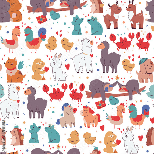 Fototapeta Naklejka Na Ścianę i Meble -  Cute animals in love vector cartoon seamless pattern for wallpaper, wrapping, packing, and backdrop. Valentine's day background.