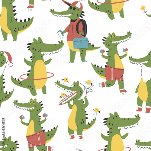Cute crocodiles vector cartoon seamless pattern background for wallpaper, wrapping, packing, and backdrop.