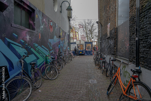 Bikes in the street of a Holland city 
