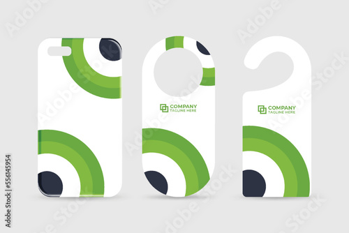 Office stationery and promotional template design with green and dark colors. Corporate business identity template vector with phone case and door hanger design. Brand promotion stationery design.