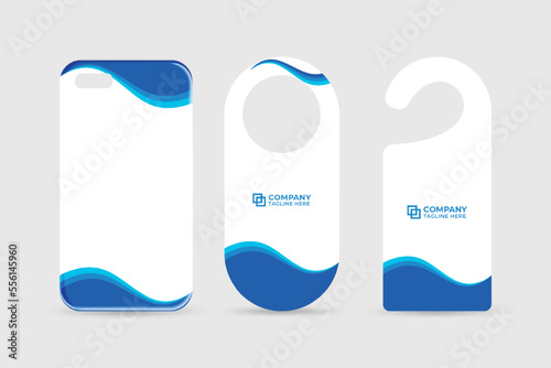 Company door hanger design for brand promotion. Brand identity template collection with blue color shapes. Business stationery design with a phone case. Branding design for advertisement.
